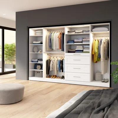 Bestar Florence 121W X 25D Modular Walk-In Closet System With LED Lights, Rods, Shelves, And Drawers, Shaker Style | Wayfair North America