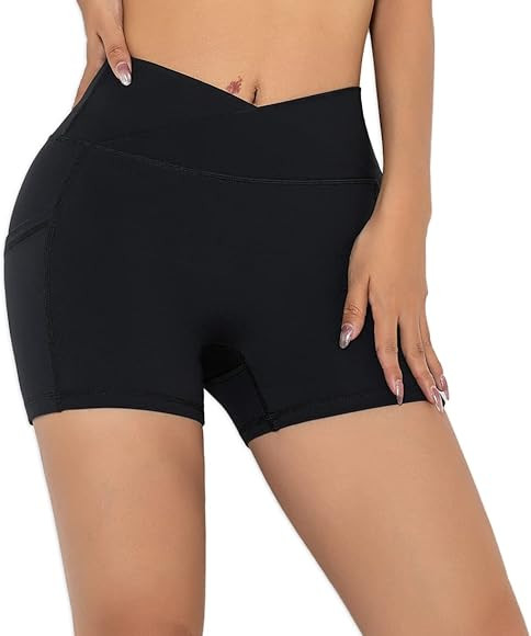 Darkterror Workout Shorts Women Spandex High Crossover Waist Gym Athletic Yoga Running with Pocke... | Amazon (CA)