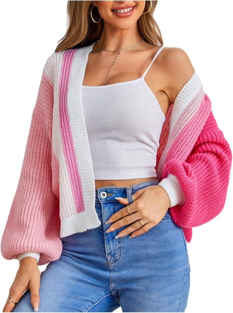 SHENHE Women's Color Block Open Front Long Sleeve Ribbed Knit Cropped Cardigan Sweaters | Amazon (US)
