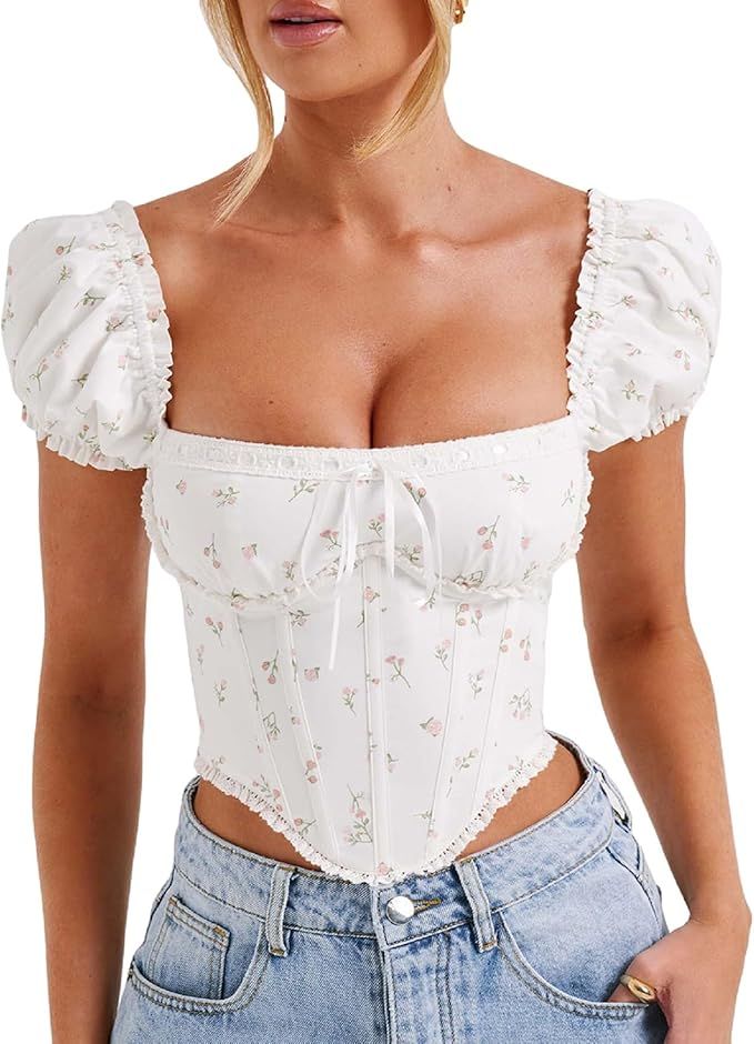 Women Puff Sleeve Crop Blouse Y2k Square Neck Short Sleeve Bustier Top Tshirts Y2k Front Tie Blou... | Amazon (US)