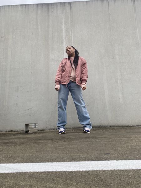 Oversized look. Pink bomber, baggy jeans, colorful new balance sneakers  

#LTKstyletip #LTKSeasonal #LTKshoecrush