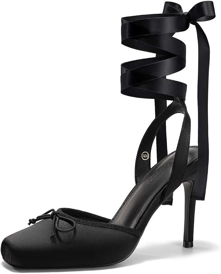 Coutgo Womens Ballet High Heels Satin Closed Square Toe Ballerina Heels Lace Up Bow Pumps Prom Sh... | Amazon (US)