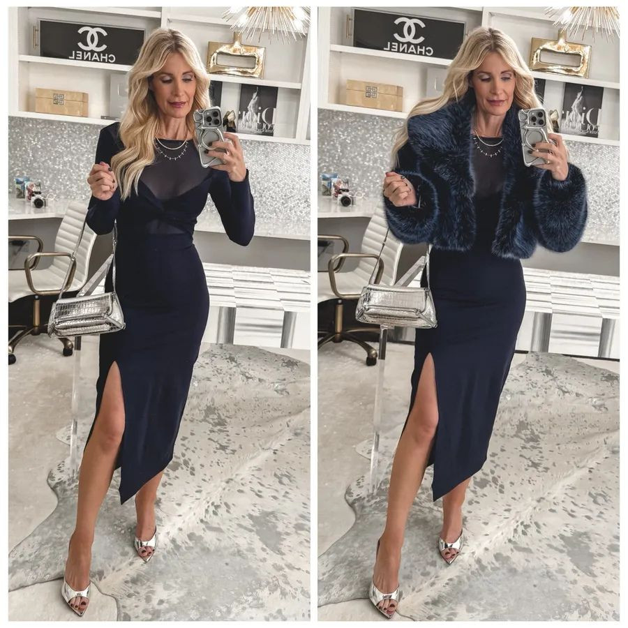 This navy midi dress is so good 💫 I love the sheer detailing up top and the subtle front slit—tastefully sexy and perfect for Valentine’s Day or date night. I topped it with this chic navy cropped faux fur for extra glam ✨ Both pieces are from Nordstrom Rack, amazing price point, and run true to size. I’m wearing an XS in both.  

 

#LTKgrwm #LTKOver40 #LTKWedding