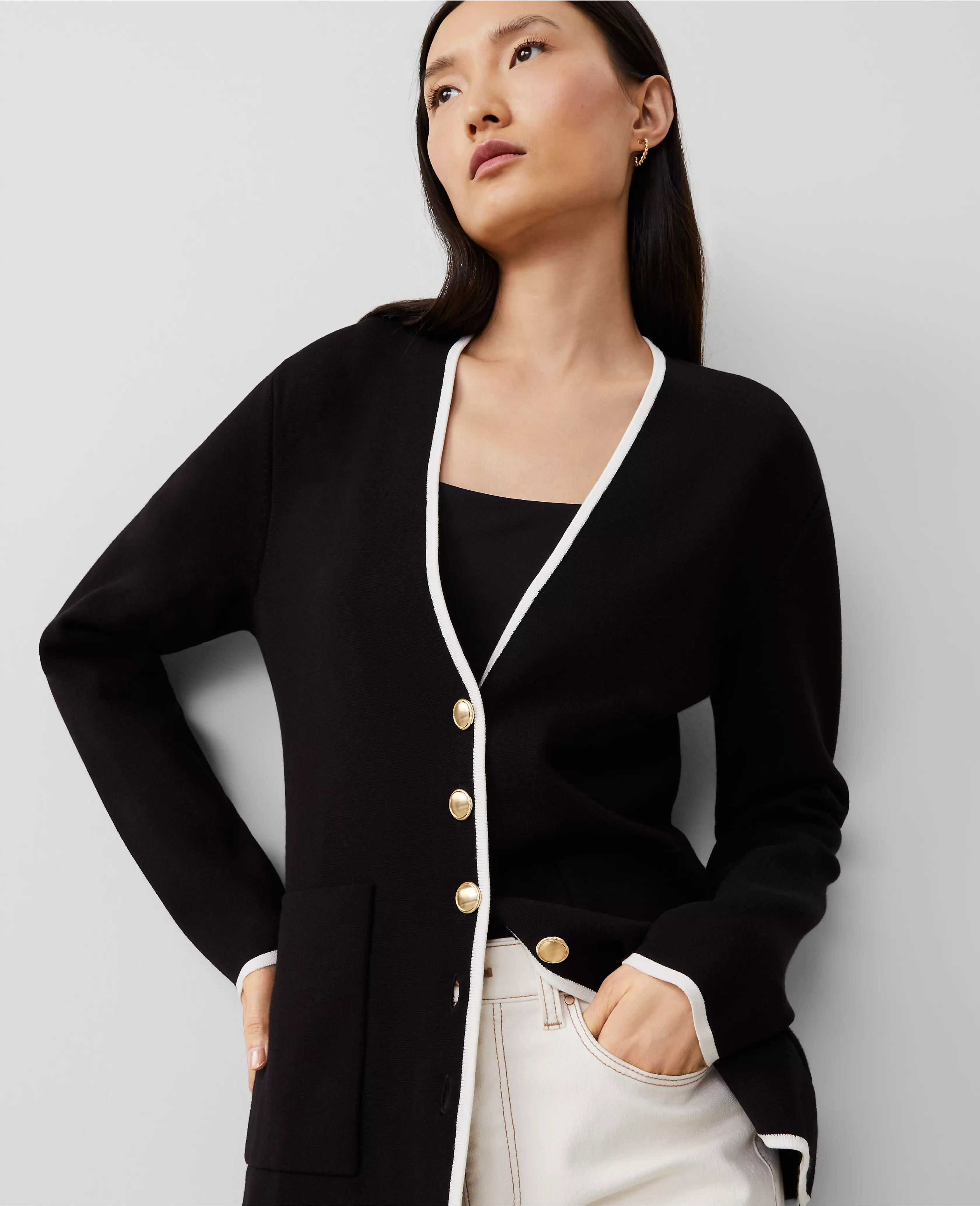 Tipped V-Neck Sweater Blazer | Ann Taylor (US)