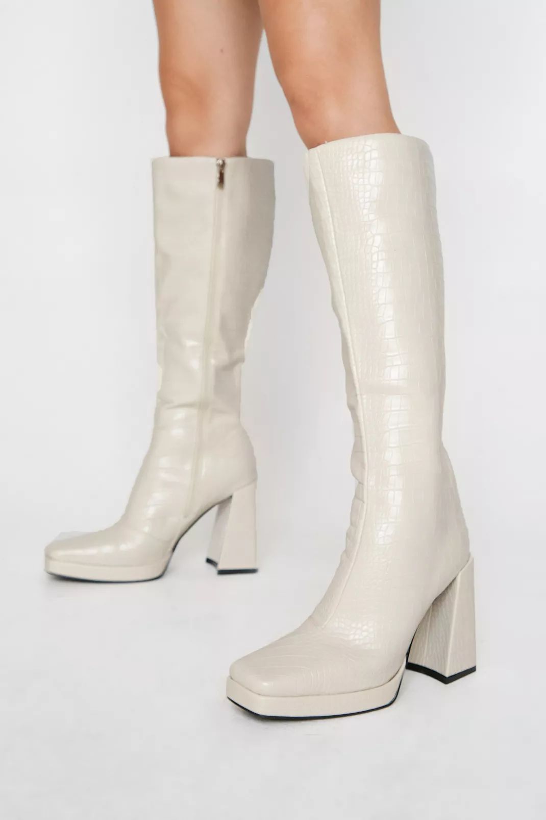 Faux Leather Croc Knee High Boots | Nasty Gal (US)