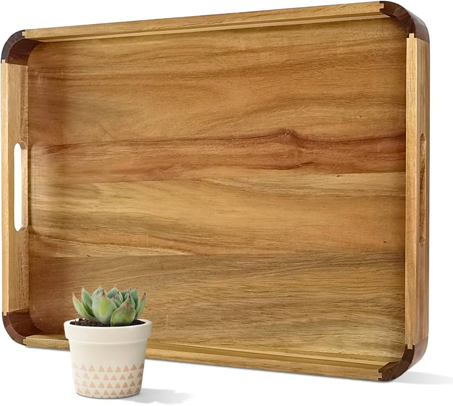 22 Inches Acacia Wood Serving Tray with Handles, Large Wooden Rectangle Ottoman Tray, Nice Home D... | Amazon (US)