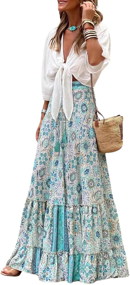 yoeasy Women's Bohemian Floral Ruffle Hem Maxi Skirt High Waist Tiered Flowy Long Skirts | Amazon (US)