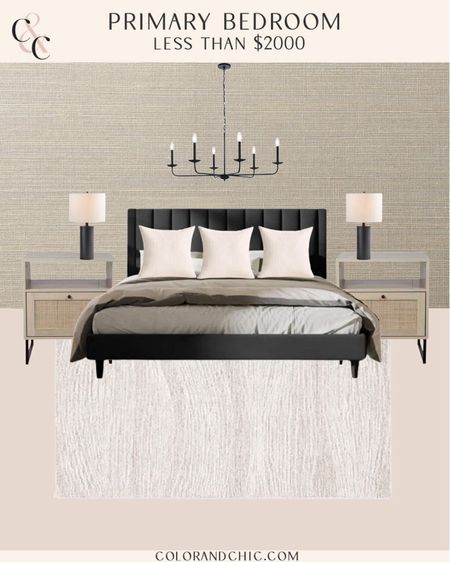 Primary bedroom less than $2000 including rug, bed, throw pillows, lighting and more! Love this for a neural bedroom look 

#LTKStyleTip #LTKHome