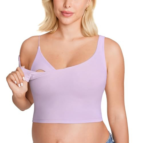 MOMANDA Women's Nursing Bras Longline Sports Breastfeeding V Neck Sleeveless Crop Tank Top with Built in Bra Lilac Air X-Small | Amazon (US)