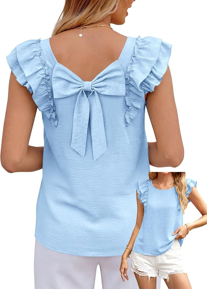 Okiwam Womens Ruffle Short Sleeve Summer Tops Bow Tie Back Blouse Round Neck Cute Babydoll Shirts... | Amazon (US)