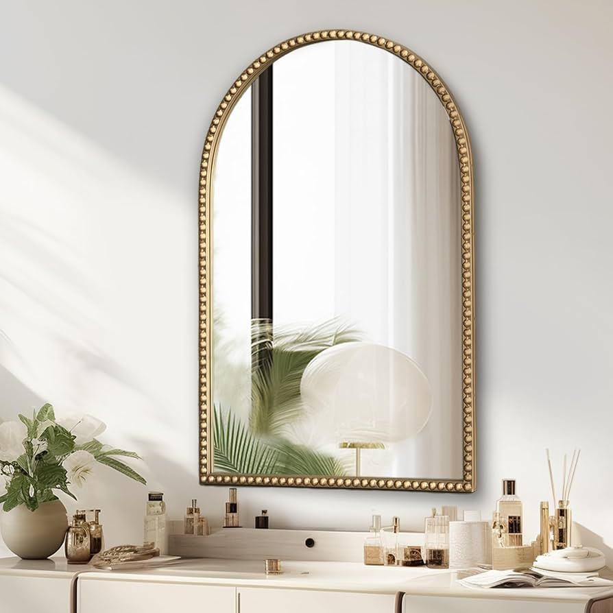 Arched Gold Wall Mirror Antique Beaded Frame Bathroom Wall Mirror Baroque Vanity Mirror Decorativ... | Amazon (US)
