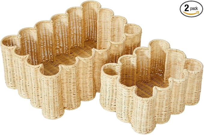 Unique Wavy Scalloped Basket Set Of 2 - Hand Woven Scallop Basket - 16 x 10 x 7 In - Scalloped Wi... | Amazon (US)