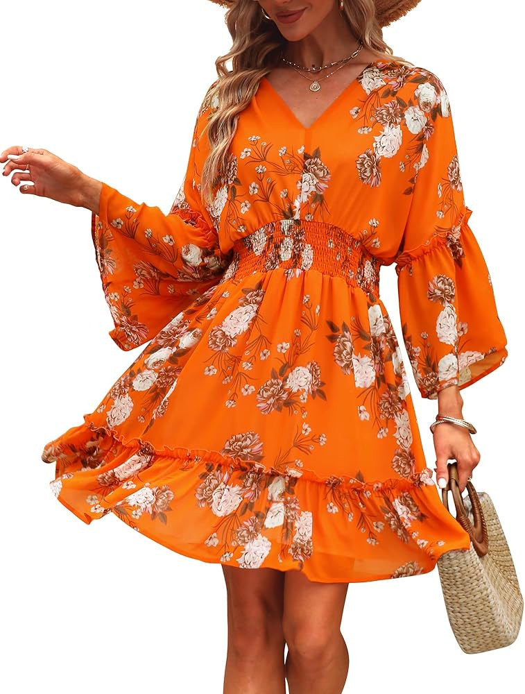Jollycode Women's Spring Summer 2023 Floral Mini Dress Boho A Line Chiffon Dress Casual Batwing Sleeve Short Dress | Amazon (US)