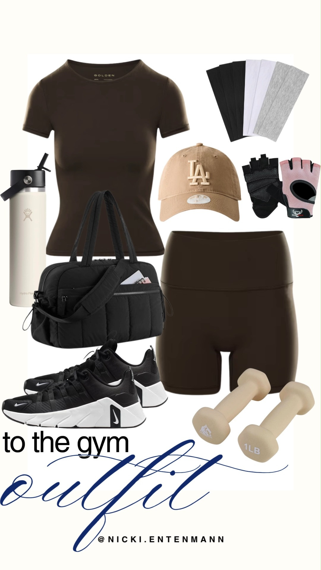 Head to your workout in style with this monochromatic rich chocolate brown gym set featuring a fitted tee and matching high-waisted shorts. Black Nike training sneakers, a black quilted duffle bag, a tan LA baseball cap, and workout gloves complete the functional look. Essential accessories like a white water bottle, light hand weights, and neutral headbands make it ideal for your active routine.

#tothegym #gymoutfit #activewear #workoutstyle #athleisure #preppycasual #fitnessfashion 

 #LTKootd #LTKfitnessgoals #LTKActive