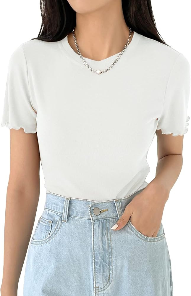 Verdusa Women's Casual Basic Short Sleeve Round Neck Slim Fitted Tee Shirt Top | Amazon (US)