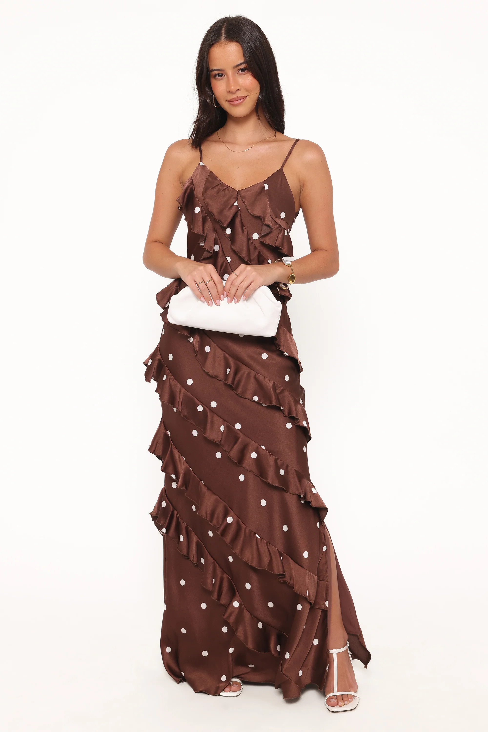 Ciao Ruffles Maxi Satin Dress - Brown Polka Dot | Petal & Pup (US)
