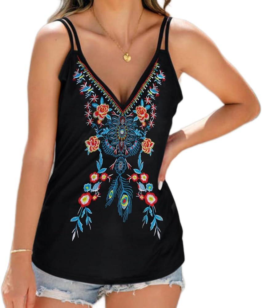 Melliflo Womens Embroidered Boho Tank Tops Spaghetti Strap Sleeveless V Neck Mexican Shirts Cami | Amazon (US)
