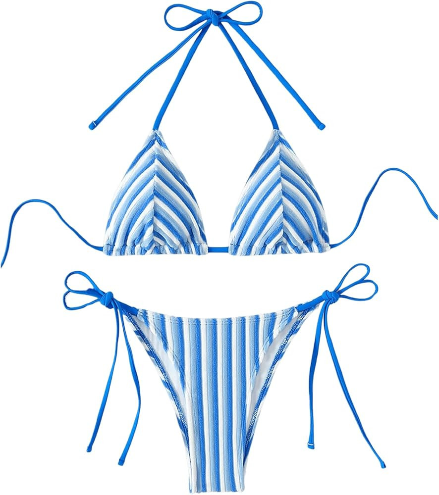 Women's 2 Piece Bikini Sets Halter Tie Side Triangle Swimsuit Striped Bathing Suit | Amazon (US)