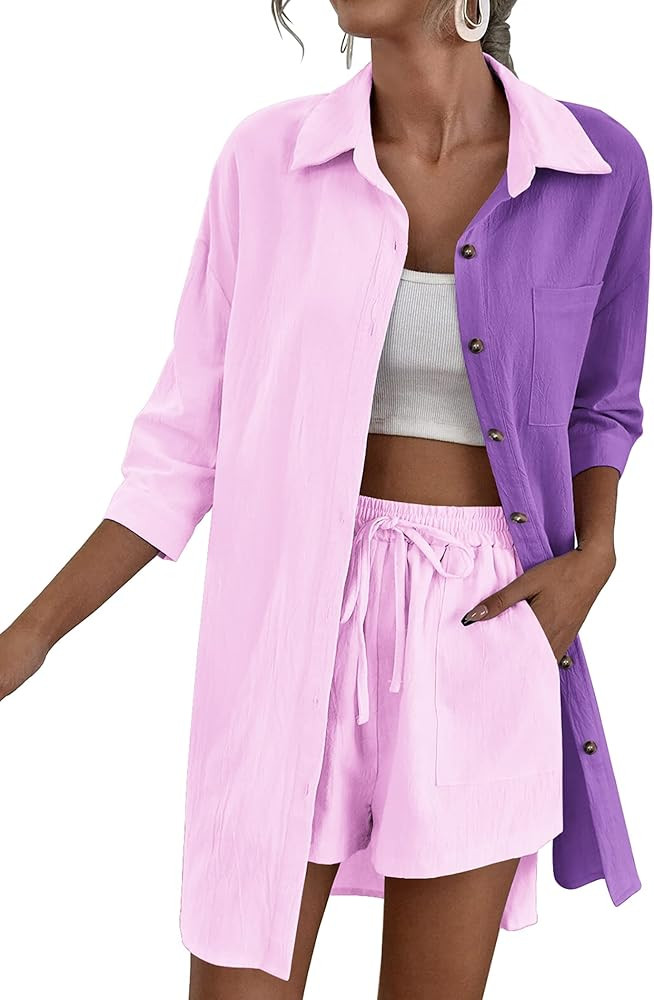 Zeagoo Women’s 2 Piece Lounge Tracksuit Outfit Sets Cotton Linen High Low Shirt and Drawstring ... | Amazon (US)