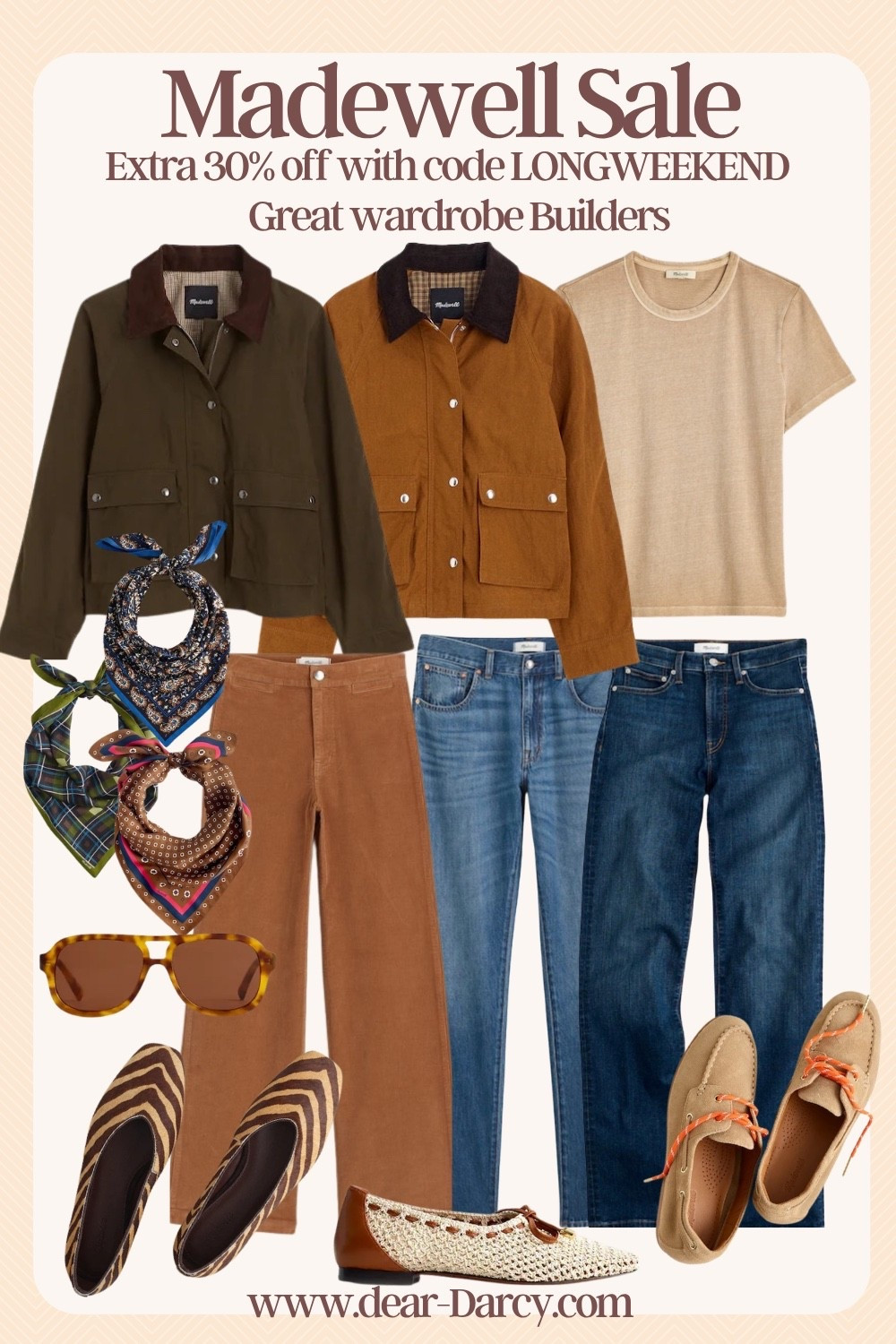 Madewell SALE 
30% off Sale with code 
LONGWEEKEND

I found some great wardrobe builders, piece you can wear now and later, as well as year after year.
All of these pieces would make for great editions to your capsule wardrobe too. 

Great basic crew neck tees, tts And comes in several colors 

Great straight leg jeans 
Dark and med wash 
Fit tts 
Love the cognac pants 

Great barn jackets tts
Pretty scarfs to add a pop to your outfit

Sunnies you’ll love 
And 
3 shoes you’ll wear with everything
Boat shoe 
Mary Jane’s 
And a cute flat