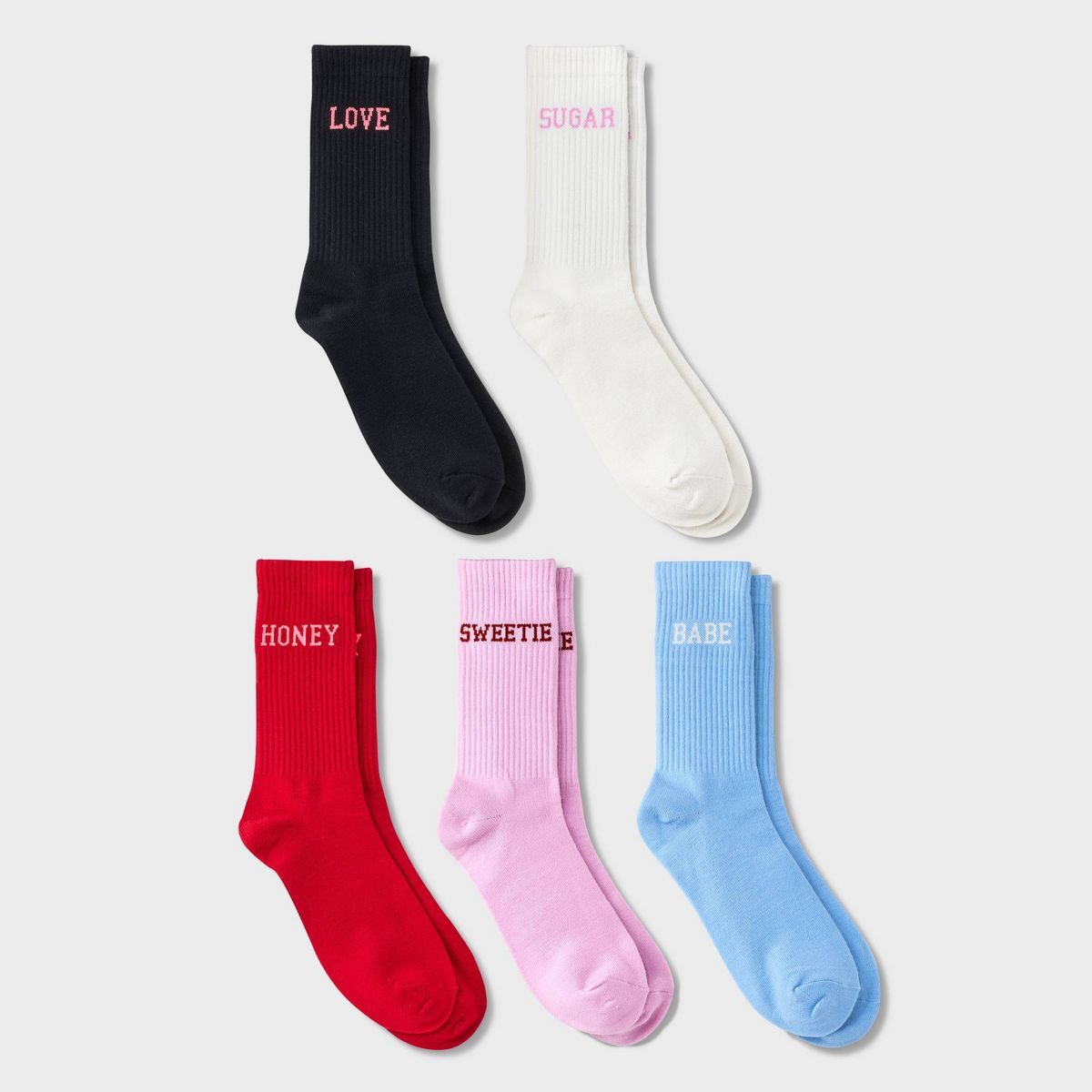 Women's Nicknames Valentine's Day 5pk Sporty Ribbed Crew Socks - Assorted Color 4-10 | Target