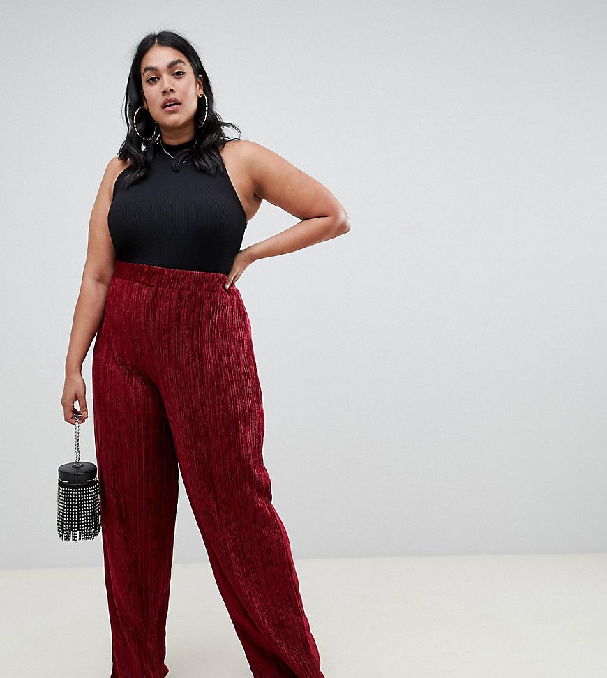 PrettyLittleThing Plus pleated velvet wide leg PANTS in red - Red | ASOS US