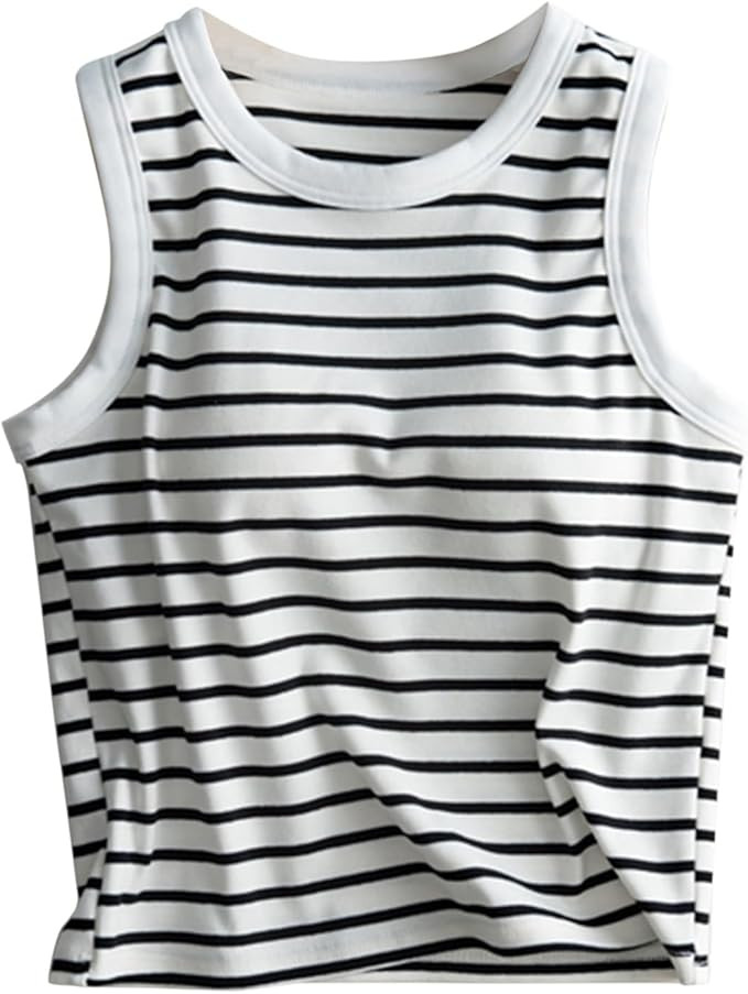 Women Built-in Shelf Bra Tank Tops Striped Sleeveless Camisole Crew Neck Loose Fit Blouses Summer... | Amazon (US)