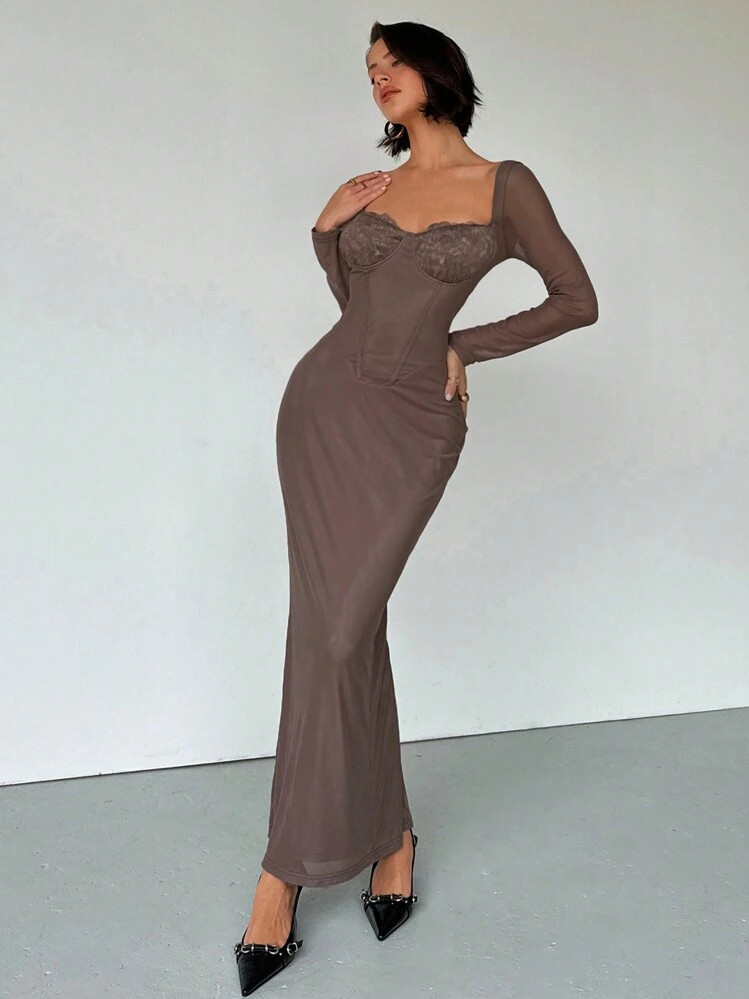 Aloruh Women's Sexy Elegant Keyhole Neck Mesh Bodycon Long Sleeve Long Dress, Suitable For Dates, Autumn/Winter | SHEIN