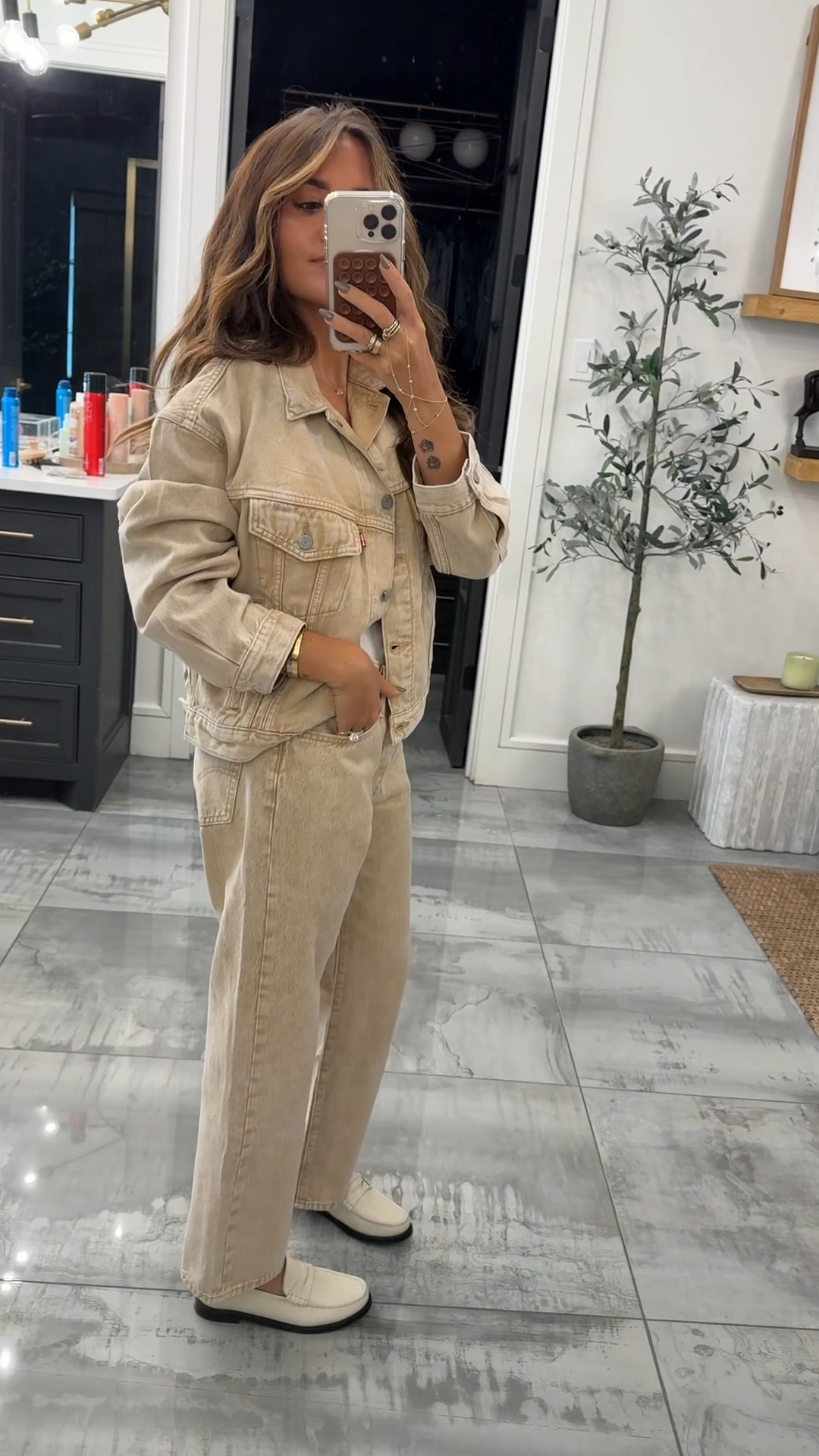 Love this tan denim outfit! Small in jacket, 26 in jeans (went up one for a looser fit) loafers true to size, and small in tank

#LTKStyleTip #LTKSeasonal #LTKTravel