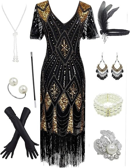 Fancy Clothing Women's 1920s Gatsby Inspired Sequin Beads Long Fringe Flapper Dress w/Accessories... | Amazon (US)