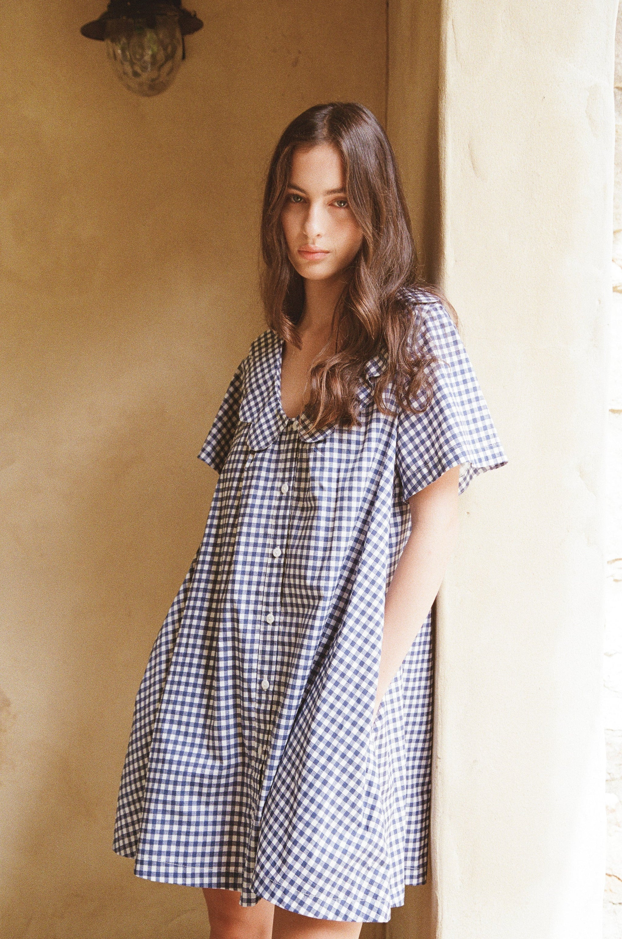 Penelope Lounge Dress - Gingham - Navy | Piyama US