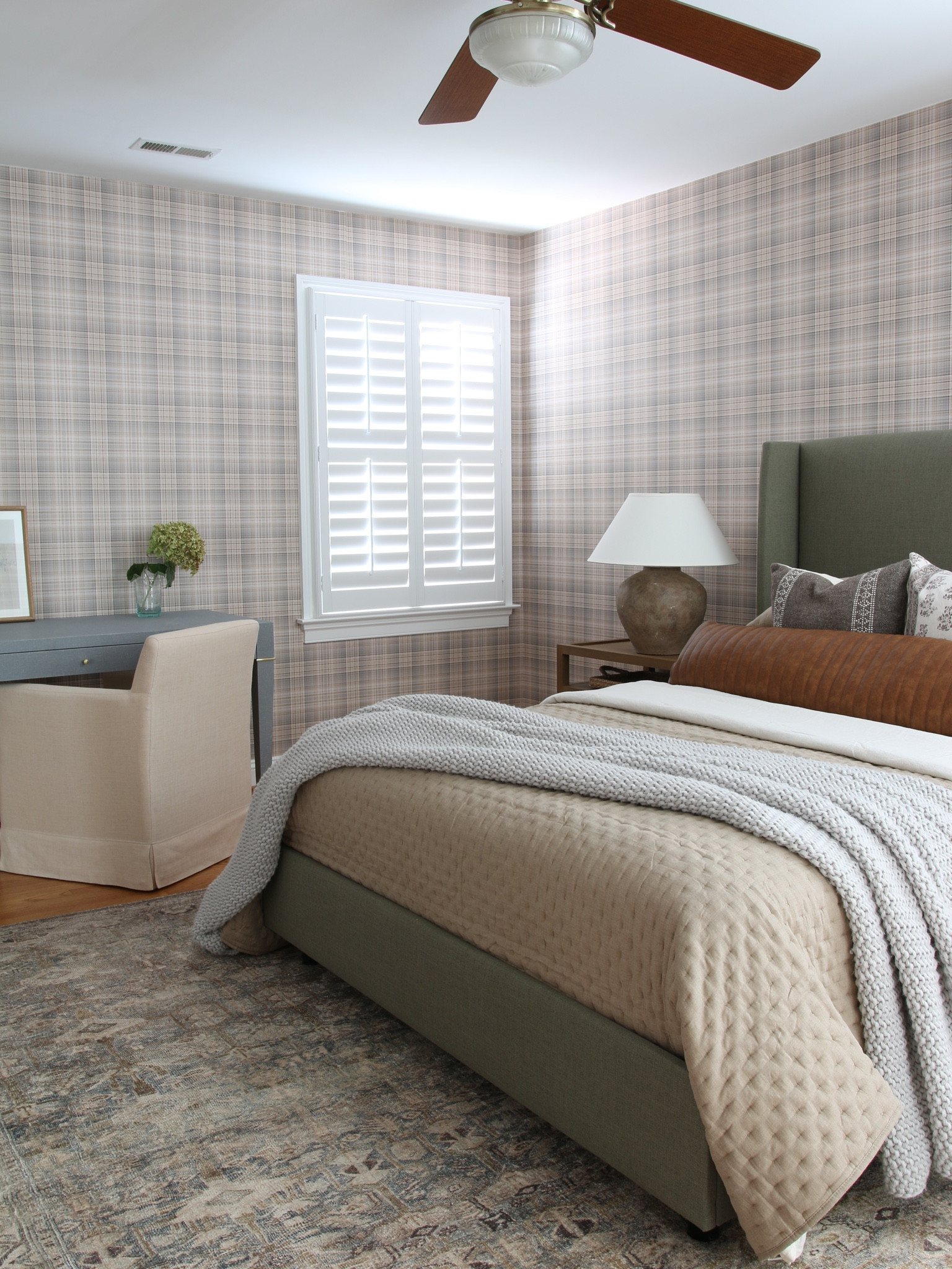 Here is a wider view of the room including my son’s work space. 
The desk is wrapped linen with polished brass finished knobs and legs. I used an upholstered rolling dining chair for the work area  

#LTKhome #LTKstyletip #LTKFind