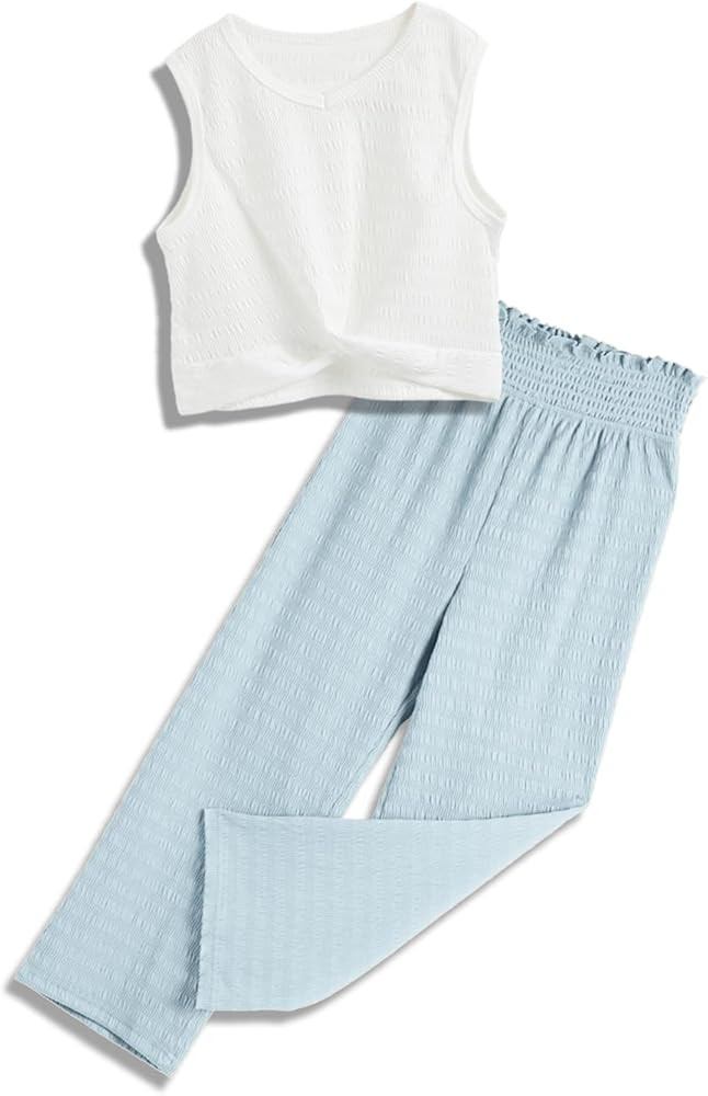 Kids Clothes Girls Summer 2024 Cute Outfits 2 Piece Tie Knot Crop Tops Wide Leg Long Pants Sets S... | Amazon (US)