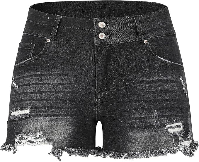 THUNDER STAR Women Mid Rise Ripped Stretchy Jeans Shorts Frayed Raw Hem Casual Denim Shorts | Amazon (US)