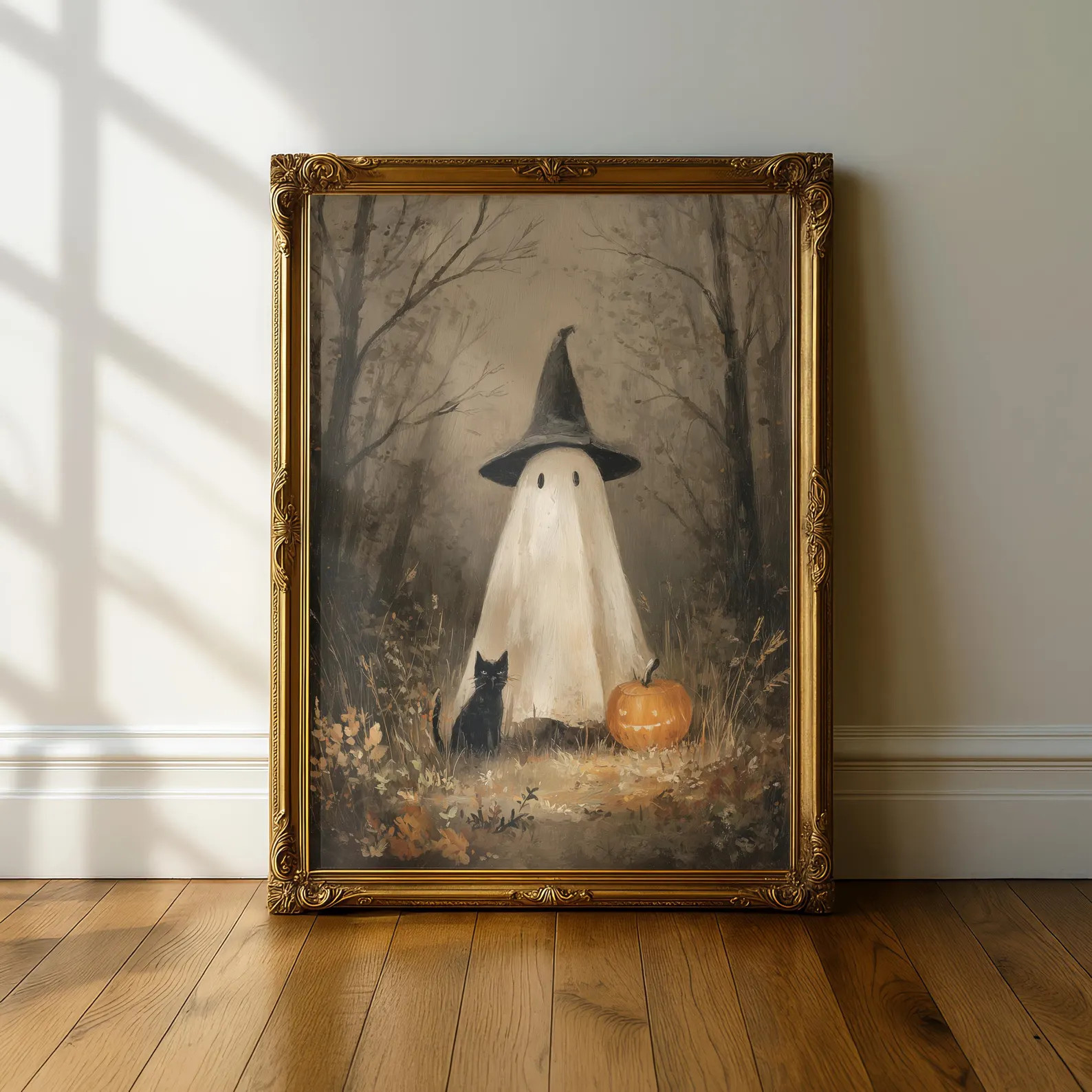Vintage Halloween Ghost with Black Cat and Jack O Lantern in Dark Forest Wall Art, Rustic Witch H... | Etsy (Global)