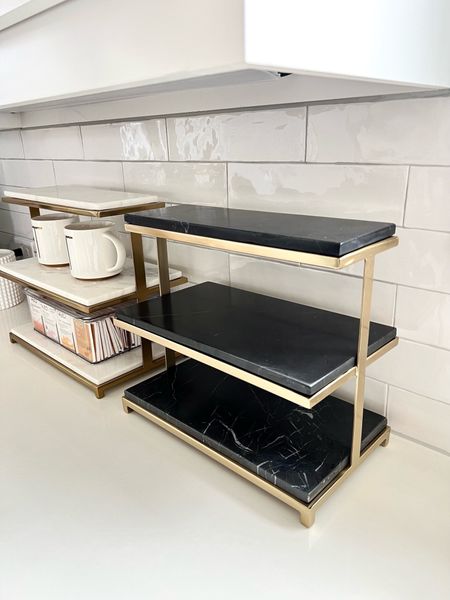 These stands are my favorite! You can do so much with them, but they are beautiful! Kitchen, decor, coffee, station, marble decor, modern, transitional, gold kitchen, gold hardware, tiered tray, servingware

#LTKSeasonal #LTKstyletip #LTKhome