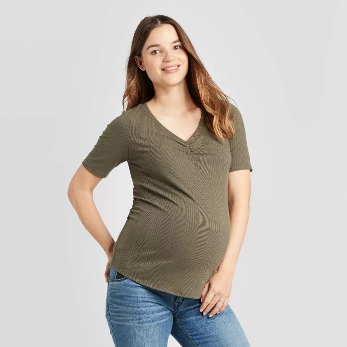 Maternity Elbow Sleeve V-Neck Textured Rib T-shirt - Isabel Maternity by Ingrid & Isabel™ Olive | Target
