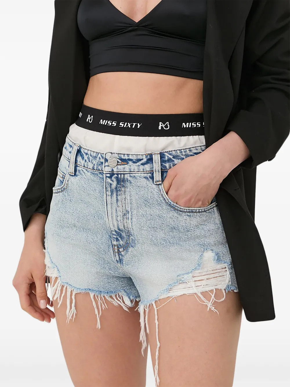 Miss Sixty logo-band frayed-hem shorts - Blue | Farfetch Global