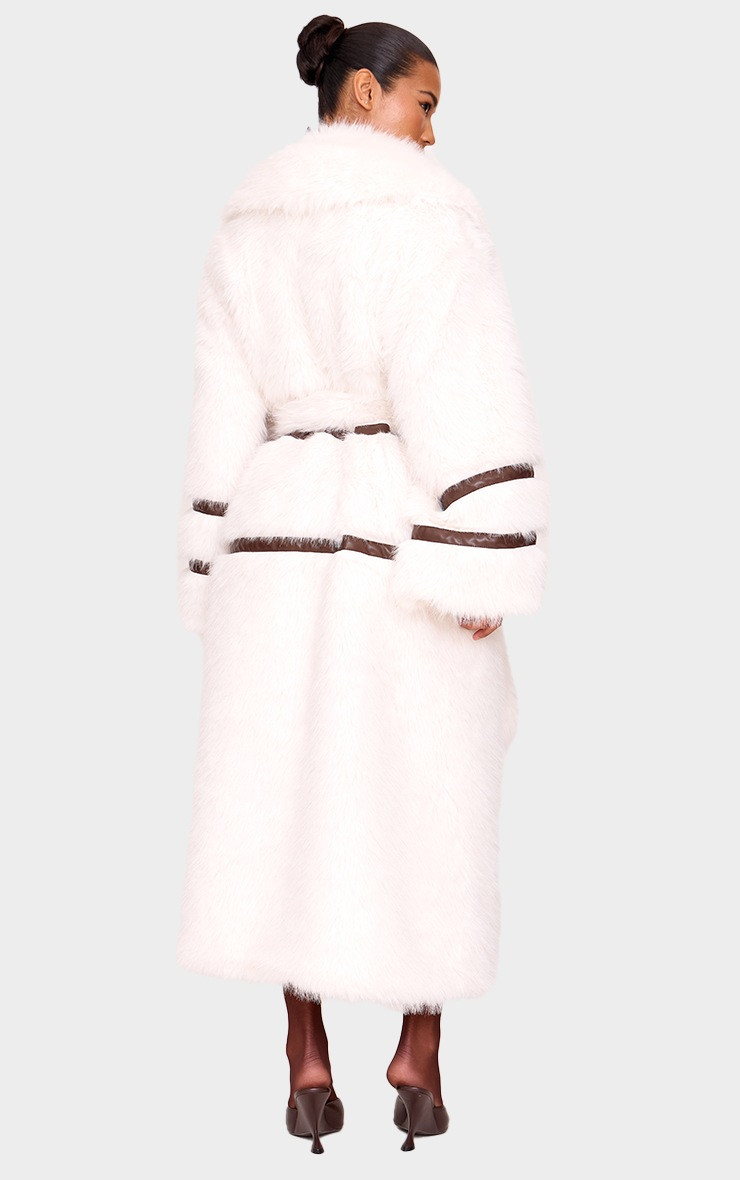 White Faux Fur Contrasting Faux Leather Trim Maxi Coat | PrettyLittleThing US
