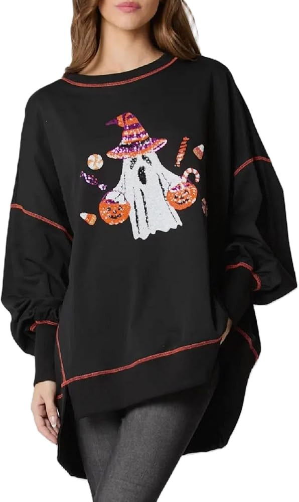 Women Halloween Sequin Sweatshirt Pumpkin Ghost Graphic Oversized Sweater Spooky Season Crewneck ... | Amazon (US)
