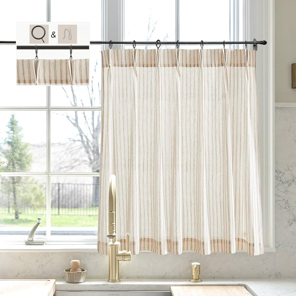 Beige Striped Linen Kitchen Curtains 36" W x 24" L Pinch Pleat Cafe Curtains 1 Panels | Amazon (US)