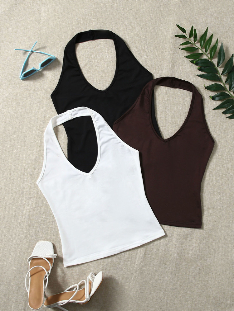 SHEIN EZwear 3pcs Solid Backless Halter Top | SHEIN