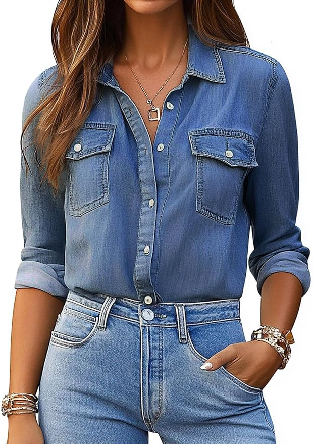 Denim Shirt Women Button Down Long Sleeve Chambray Western Jean Shirts Collared Casual Denim Tops | Amazon (US)
