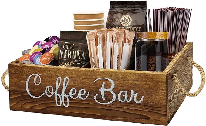QUALLON Coffee Station Organizer with Small Removable Dividers, Wooden Coffee Bar Accessories Sto... | Amazon (US)