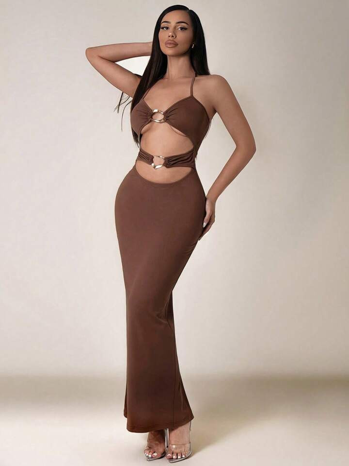 SHEIN Foxxy Women's Solid Color Sleeveless Slim Fit Hollow Out Casual Dress | SHEIN