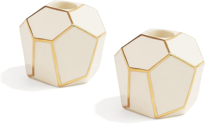 Geometric Modern Ceramic Candleholders with Gold Trim, Set of 2, Ivory Porcelain Candle Holder, T... | Amazon (US)
