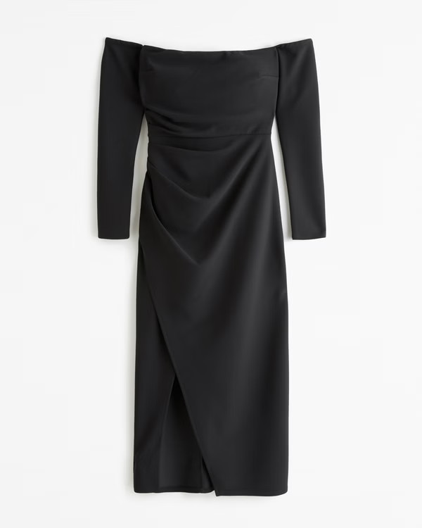 Long-Sleeve Off-the-Shoulder Crepe Midi Dress | Abercrombie & Fitch (US)