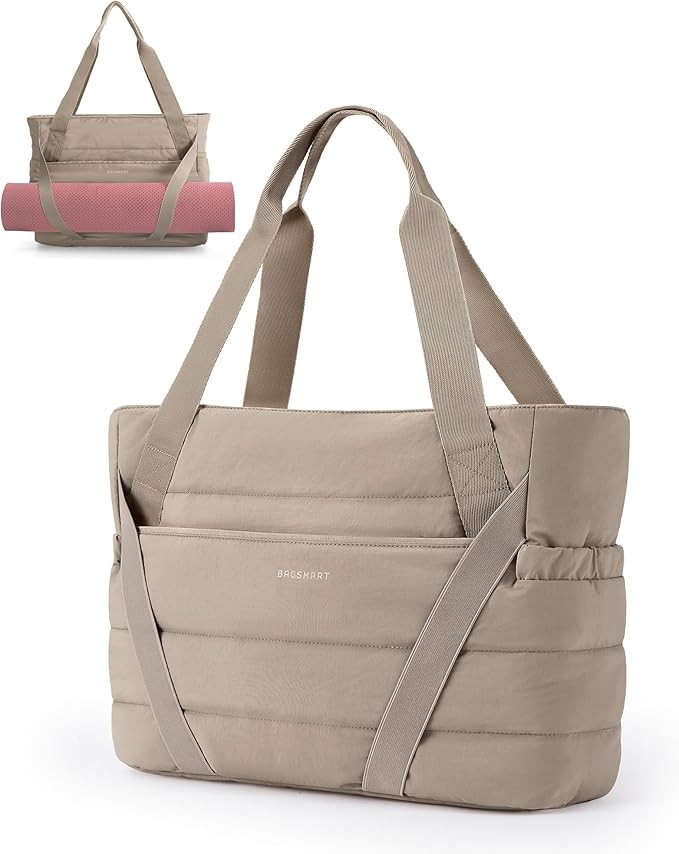 BAGSMART Tote Bag for Women with Zipper and Yoga Mat Straps Quilted Gym Tote for Travel, Work, Sp... | Amazon (US)