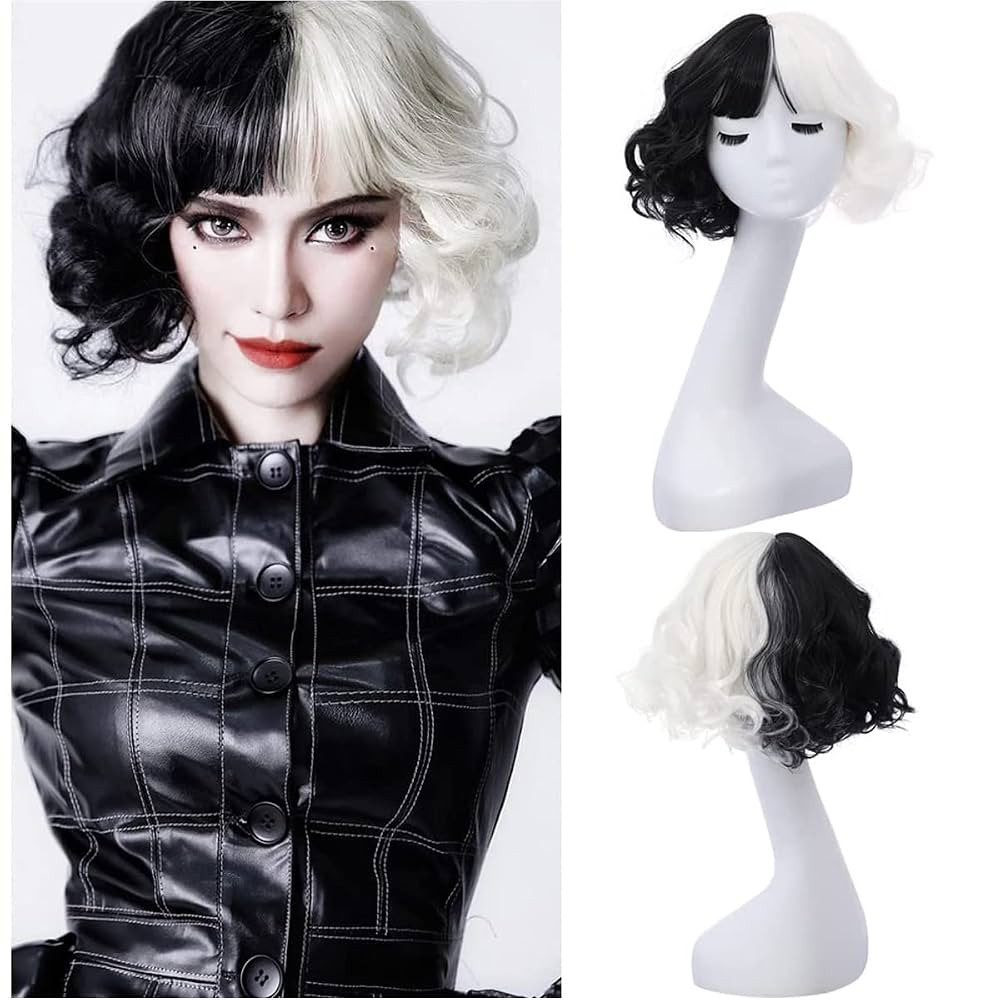 MAGQOO Half Black White Wig with Bangs Women Girls Short Curly Wavy Wig Black and White Hair Wigs... | Amazon (US)