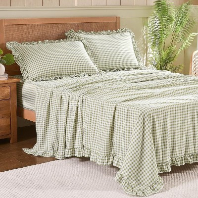 Sage Green Gingham Queen 4PC Sheet Set - Ruffle Farmhouse 16" Deep Pocket Bedding Sage Green-Queen | Target